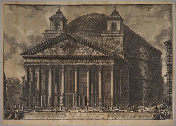 A historic etching of the Pantheon in Rome, with its columned entrance and domed roof.