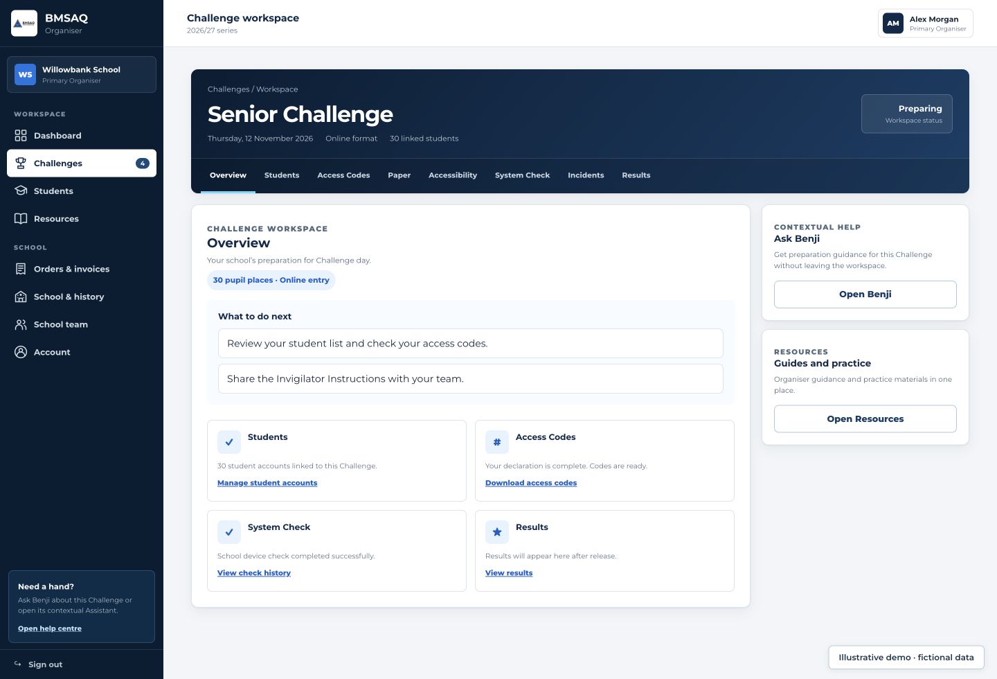 Illustrative Organiser workspace for Alex Morgan at Willowbank School, showing 30 entries, student accounts, access codes and a completed system check.