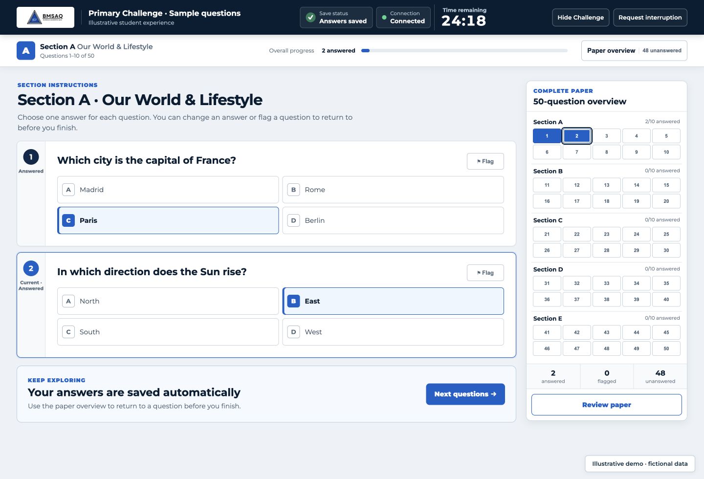 Illustrative Primary Challenge screen with two fictional questions, selected answers, a timer and paper overview.